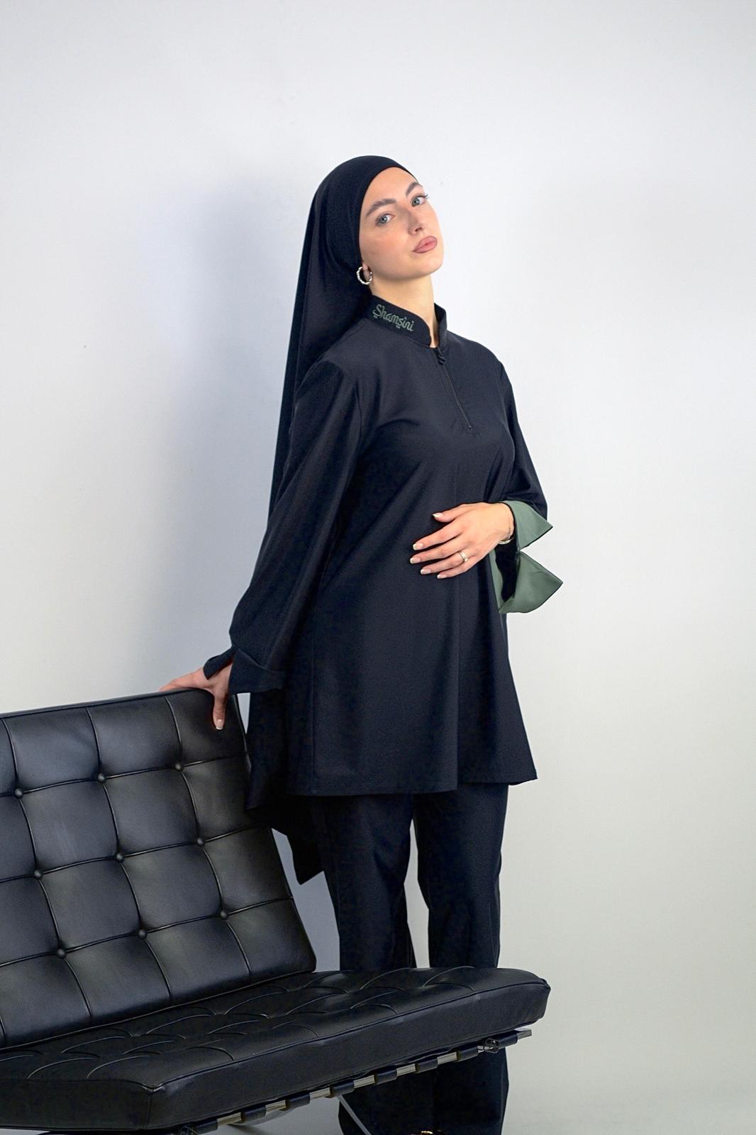 Burkini 3 pièces Shamsini coloris Layal Kaki, tunique à manches retroussables